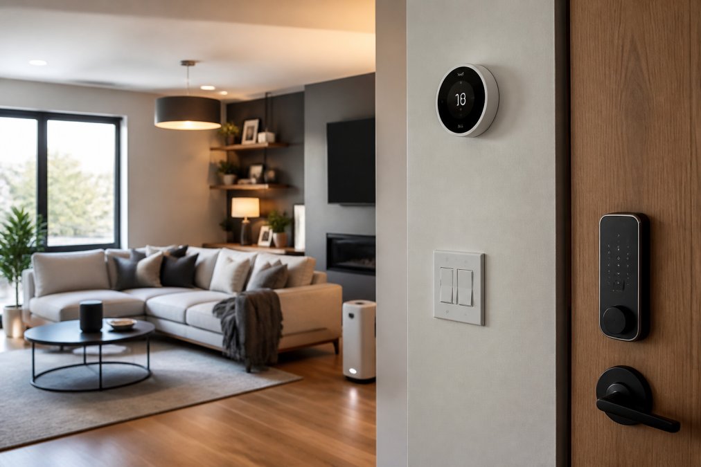 Modern living room with integrated smart home devices including smart lighting fixtures, a smart display on the wall, a smart lock visible on the entrance door, and a thermostat mounted on the wall, all in a contemporary home setting with natural daylight streaming through windows