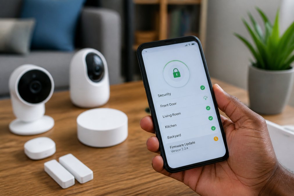 Close-up of a smartphone screen displaying a smart home security application with encryption status indicators, device connection status, and firmware update notifications visible on the interface