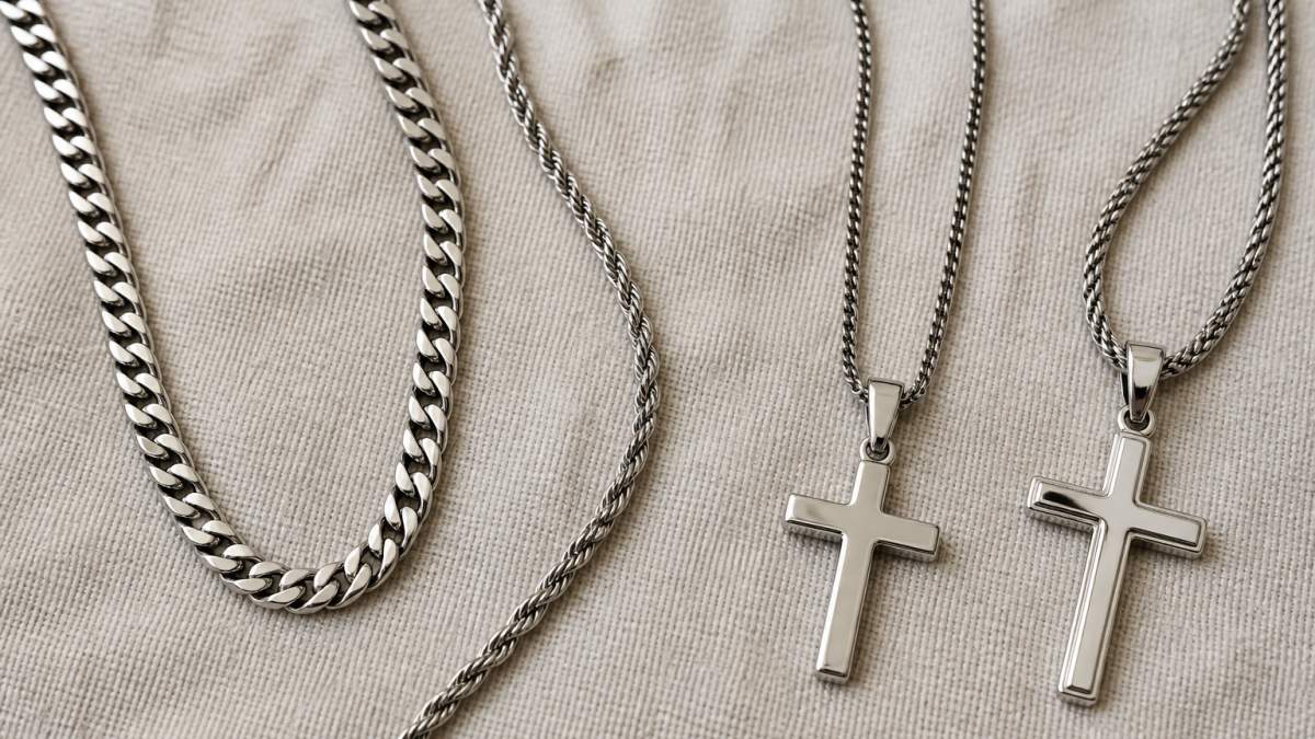 Flat lay of several stainless steel necklaces on a neutral linen surface, including a Cuban link chain, a twisted snake chain, and two cross pendants, lit with soft natural light to show high-polish shine