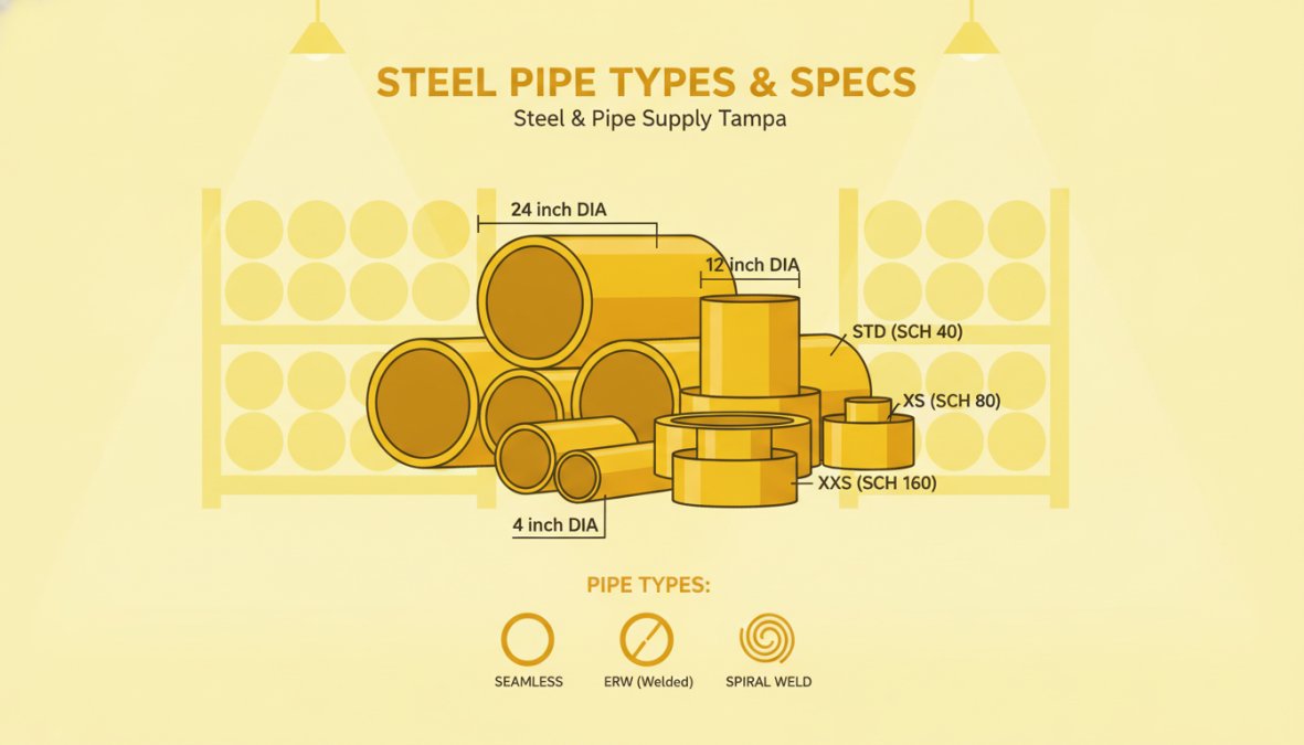 Close-up of various steel pipe samples showing different diameters and wall thicknesses stacked in an industrial warehouse with overhead lighting and metal shelving