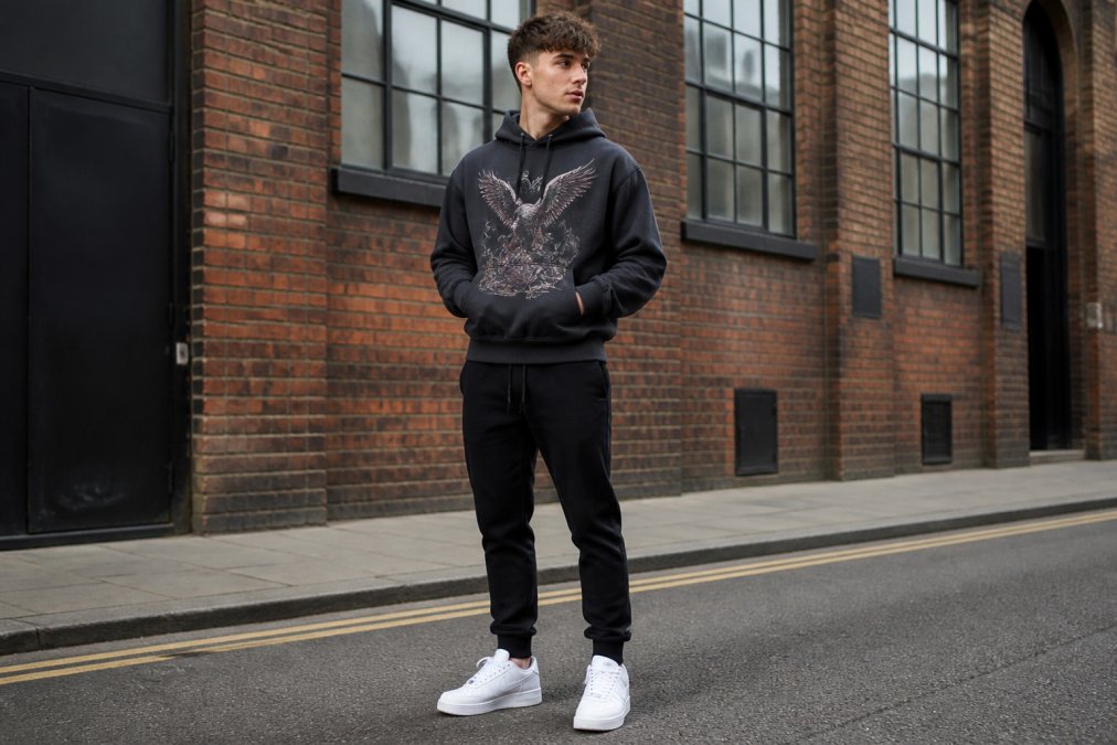 Young man wearing an oversized streetwear hoodie with bold graphic print and drop shoulders, styled with tapered black joggers and clean white trainers, standing in urban street setting with industrial brick wall backdrop and natural daylight