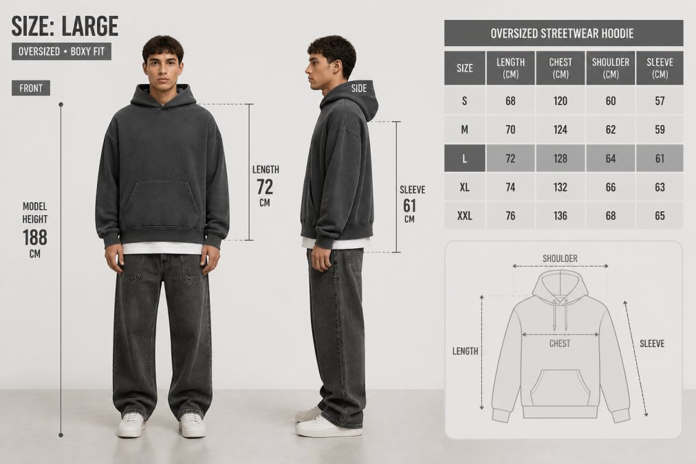 Male model photographed from front and side angles wearing oversized boxy streetwear hoodie with dropped shoulders, showing the silhouette and length across the body, wearing size Large with height reference visible
