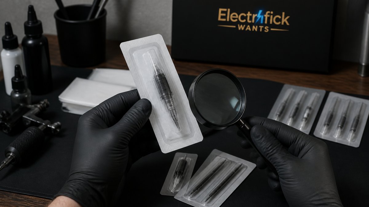Close-up of gloved hands holding a sealed sterile tattoo needle cartridge package under bright light, with a magnifying glass nearby to inspect the label and expiration date