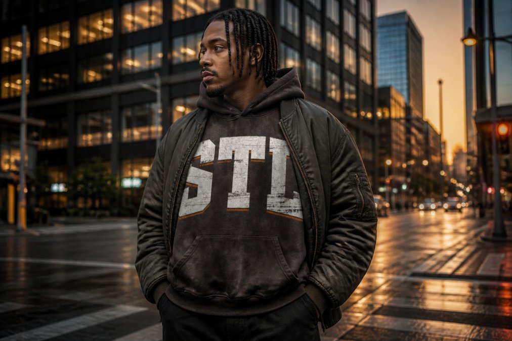 Urban tastemaker wearing an oversized snow-washed hoodie with drop shoulders, layered with a structured streetwear jacket, standing confidently on a city street at dusk with bold graphic visible on chest and hands in pockets