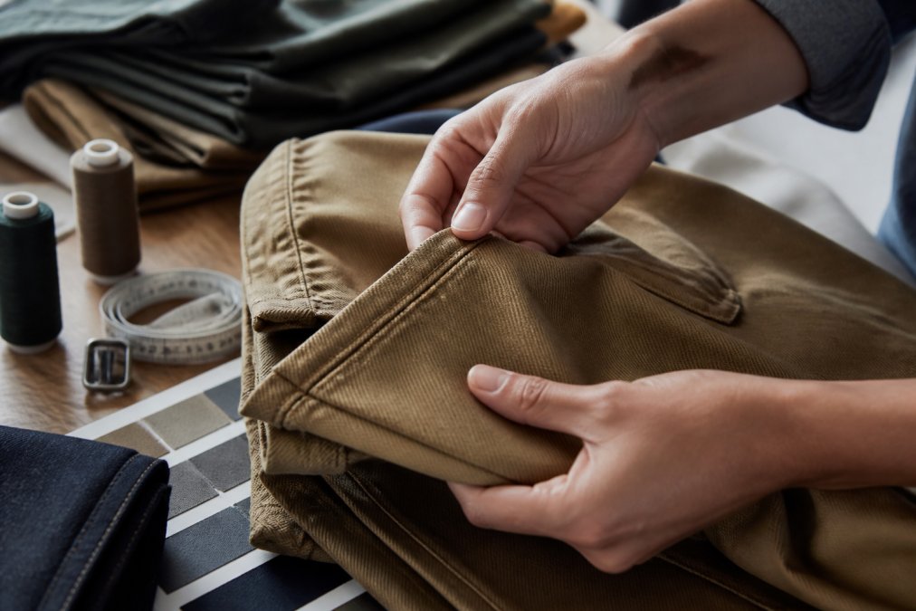 Close-up of hands examining fabric texture and stitching details on a folded garment, running fingers along seams and checking stitch density under natural daylight