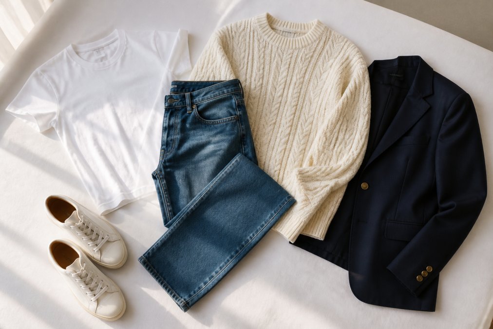 Organized flat lay of neutral-colored wardrobe basics including white fitted tee, medium-wash jeans, cream cable-knit sweater, and navy blazer arranged neatly on a clean white surface with natural window lighting