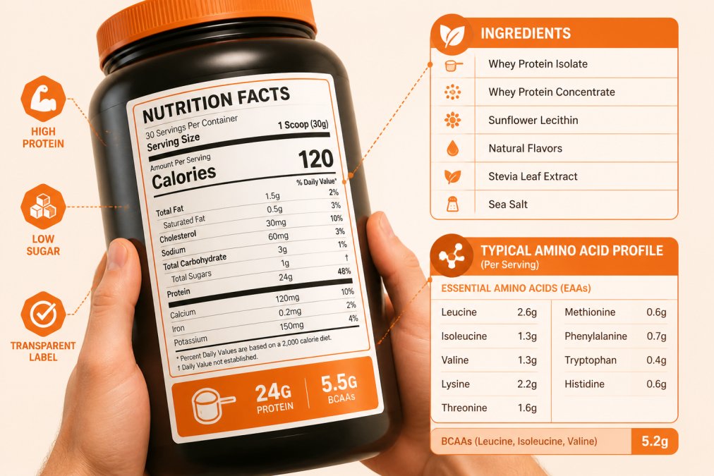 Close-up of hands holding a protein powder container with nutrition facts label clearly visible under bright lighting, showing ingredient list and amino acid breakdown