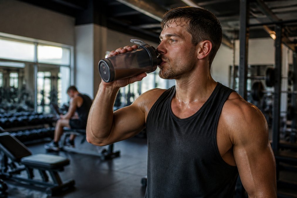 Athletic person drinking protein shake immediately after intense workout in gym setting, visible sweat, holding shaker bottle, natural gym lighting