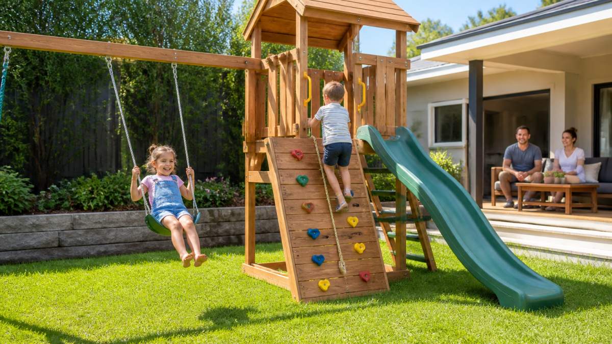 Two children of different ages playing on a timber climbing frame and swing set in a sunny backyard with grass and a garden bed, parents watching from a patio