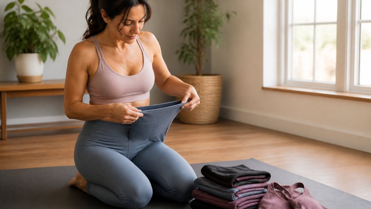 A woman in her 30s kneeling on a yoga mat in a bright home studio, stretching the waistband of high-waist leggings to check the fabric stretch and seam quality, with a folded stack of yoga pants and a sports bra beside her