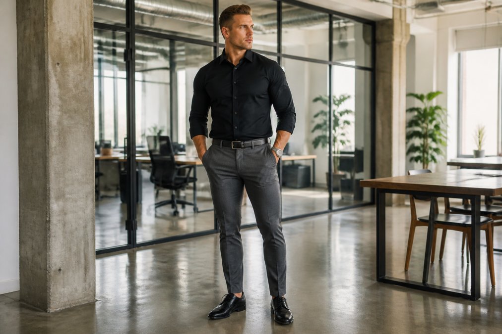 A muscular man in graphite grey athletic-fit chinos standing in a bright modern office, showing the tailored fit through the thigh and a clean finish at the ankle