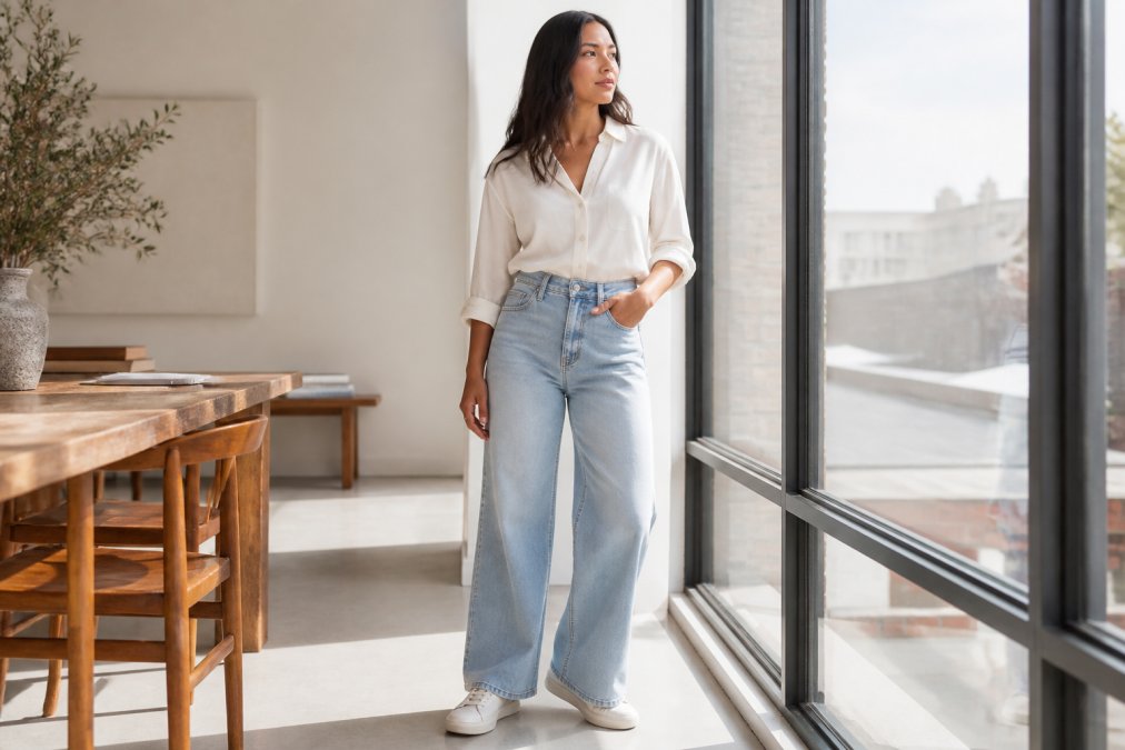 Woman wearing high-waisted wide-leg jeans styled with a tucked-in cream blouse and white sneakers, standing confidently in natural daylight by a window