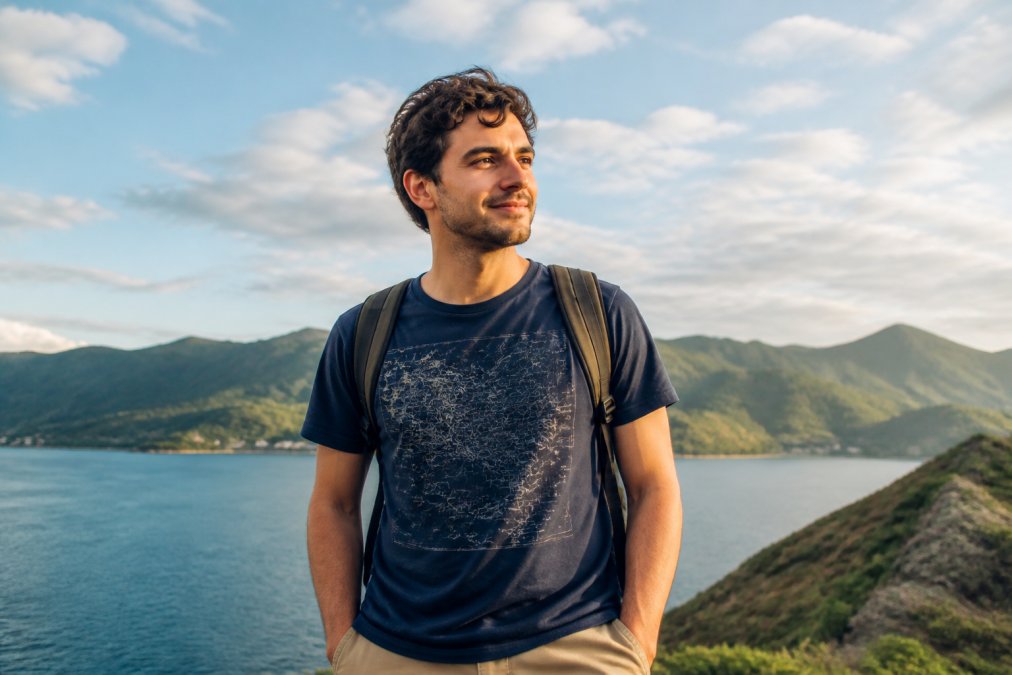 A person wearing a navy blue vintage-style souvenir t-shirt with a subtle map graphic, standing outdoors in natural light with a slight smile