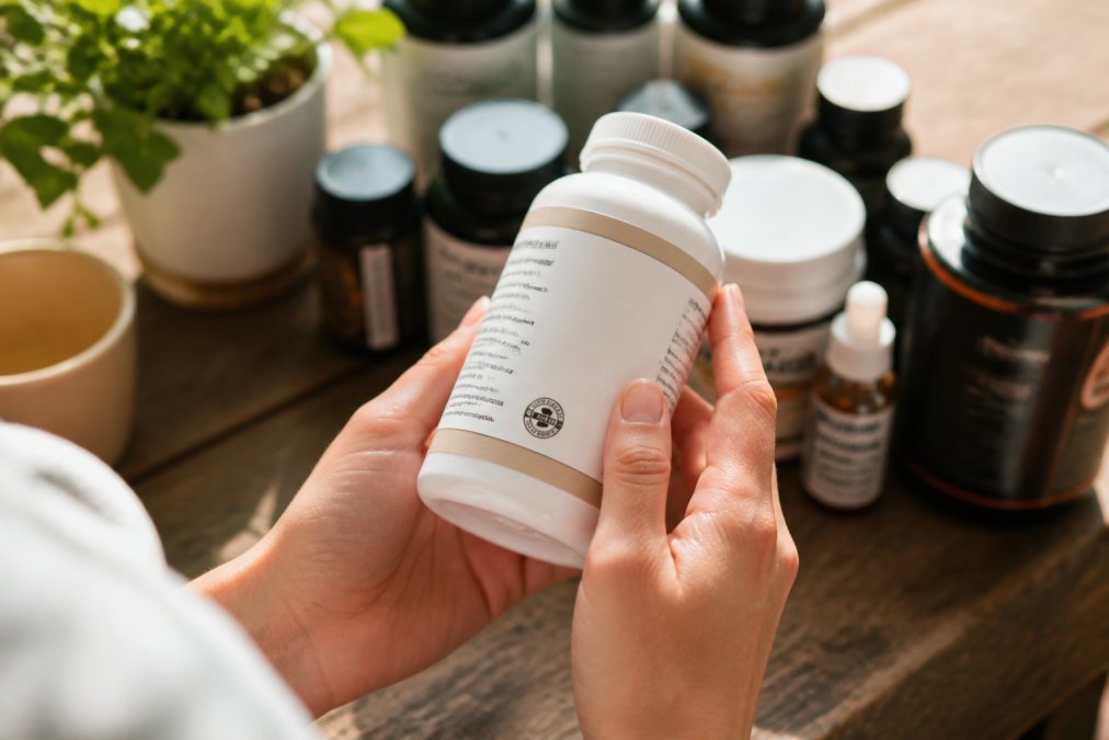 Close-up of hands examining a supplement bottle with third-party certification seal visible on the label, held in natural daylight with other supplement bottles blurred in background