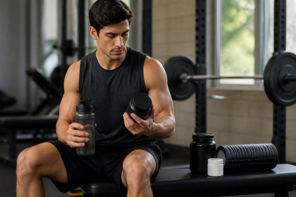 Athletic person in gym setting holding water bottle and recovery supplements, with resistance training equipment and foam roller visible on workout bench in natural gym lighting
