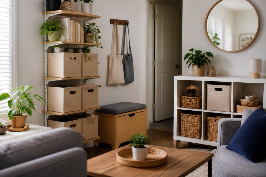 Small apartment living room with floor-to-ceiling vertical shelving, stackable clear bins, compact furniture with storage, and organized wall-mounted organizers showing maximum use of limited space
