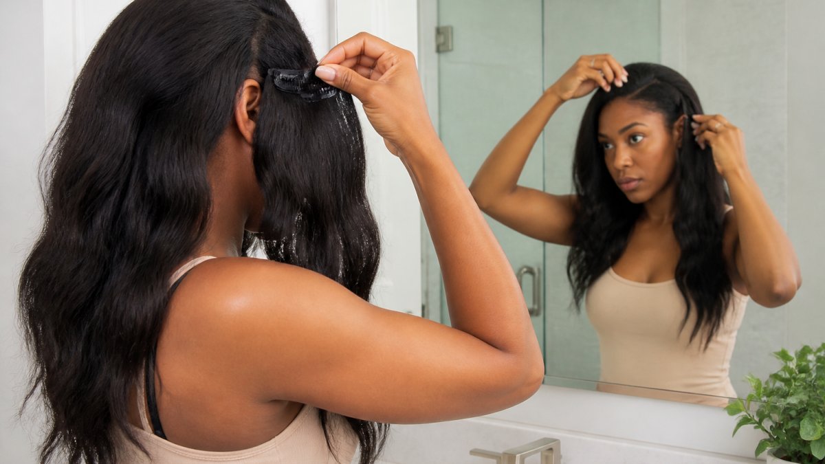 A woman in a bright bathroom applying a body wave clip-in hair extension near her natural hair, with the clips open and a mirror reflecting the process