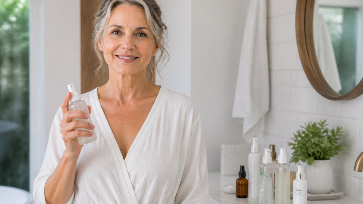 A woman in her fifties with mature skin holding a hydrating probiotic face mist bottle and smiling, with other skincare bottles arranged on a bathroom counter behind her