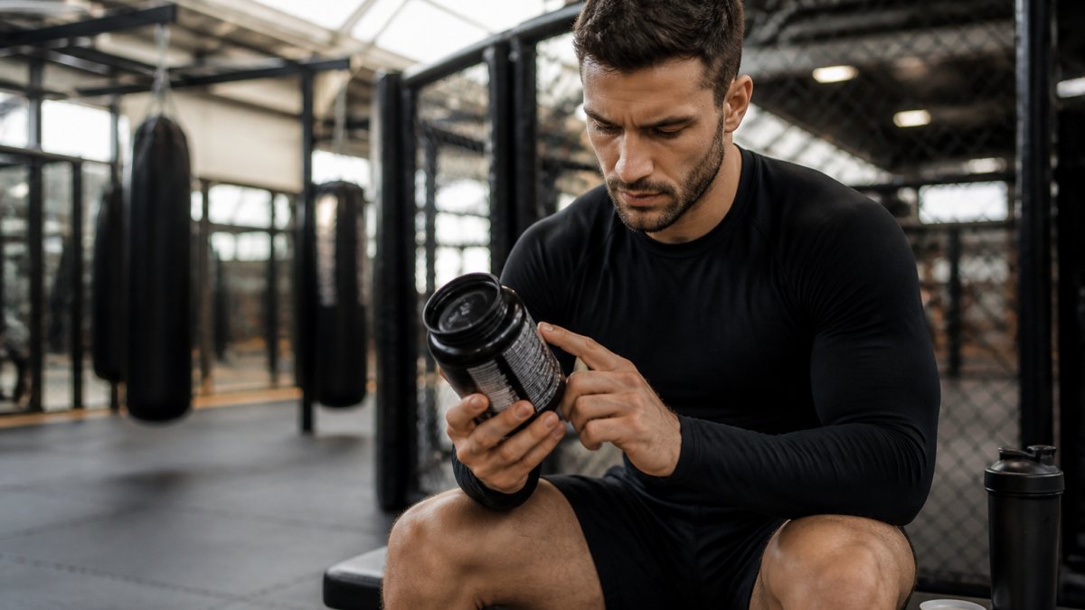 MMA athlete in a gym reading the ingredient label on a supplement bottle