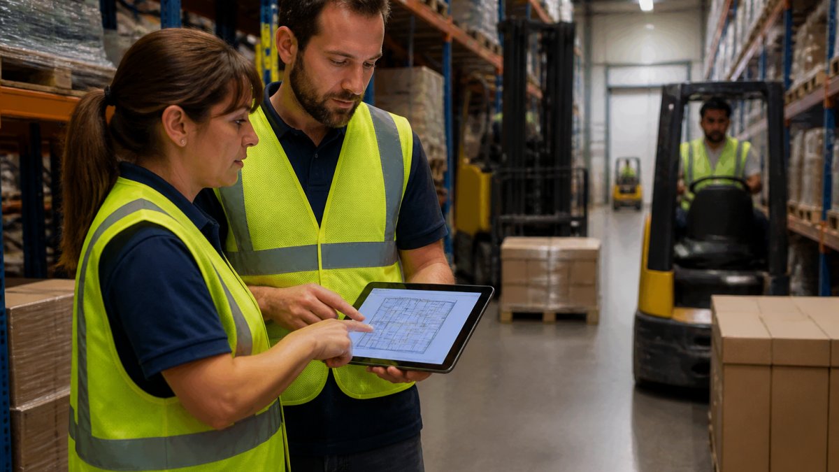 An industrial engineer and a warehouse supervisor standing at a picking aisle, pointing at a tablet showing a facility layout while forklifts move pallets in the background