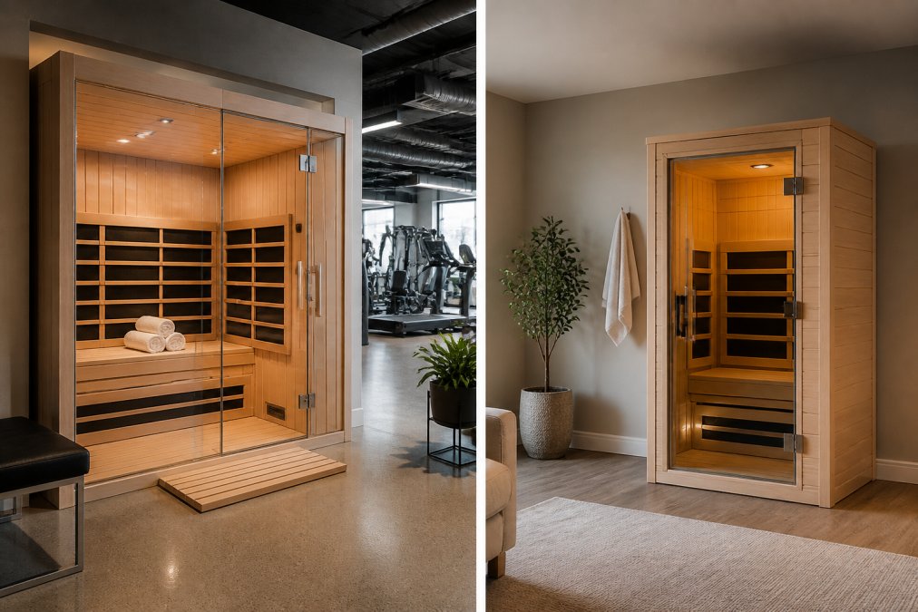 A modern commercial infrared sauna cabin with warm cedar interior panels and glass door in a bright, upscale gym recovery area, clean towels folded on a bench