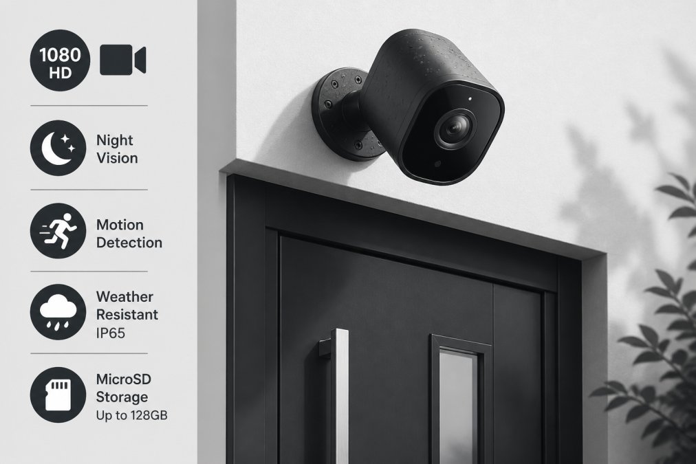 Close-up of a modern home entrance with a sleek security camera mounted above the door frame, showing the camera's lens and weatherproof design in bright daylight