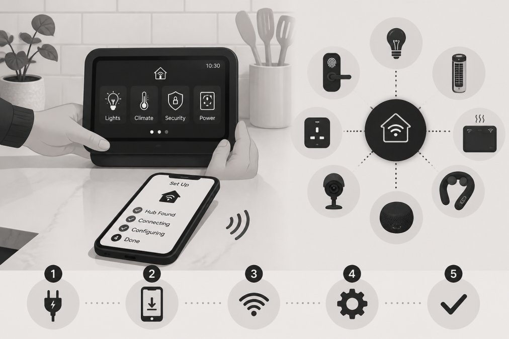 A person's hands carefully placing a smart home hub display on a clean kitchen counter, with a smartphone nearby showing the setup app interface and WiFi connection screen