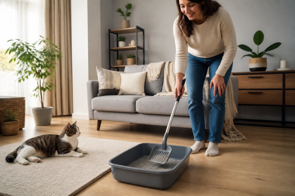 A pet owner in a bright living room using a long-handled litter scoop beside a clean litter tray, with a cat watching calmly from a nearby rug