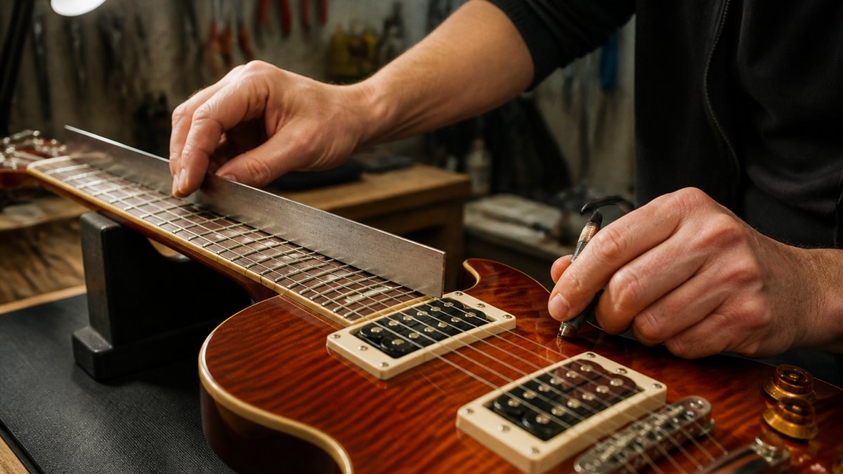 Professional technician's hands examining a used electric guitar's fretboard under bright workshop lighting, checking fret wear with straightedge and testing pickup response