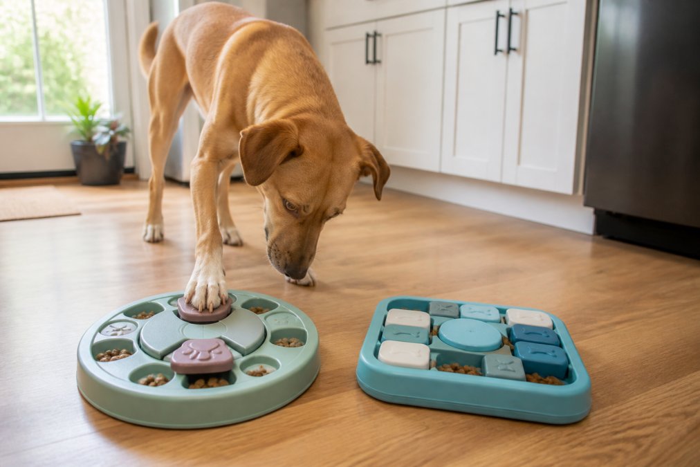 A medium-sized dog nudging a paw-shaped sliding cover on a round puzzle feeder on a kitchen floor, kibble visible in the recessed compartments, natural daylight from a nearby window, warm home setting
