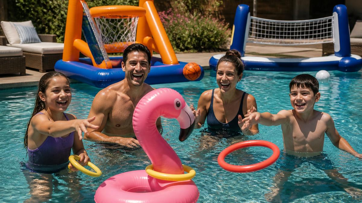 A family laughing while tossing rings into a flamingo float in a pool with inflatable games nearby