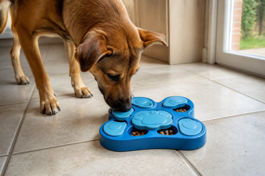 A medium-sized dog nosing a paw-shaped sliding cover on a blue puzzle feeder placed on a kitchen tile floor, kibble visible in the recessed compartments, natural daylight from a nearby window