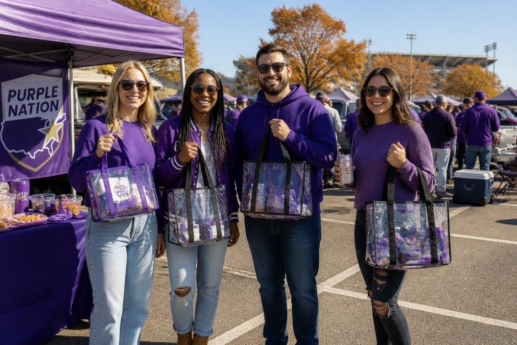 A group of JMU fans in purple and gold standing near a tailgate tent, holding clear stadium bags and tote bags, with a stadium parking lot and other tailgaters visible in the background on a sunny fall afternoon