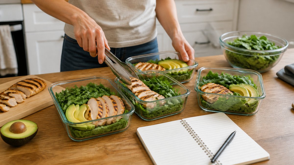A person in a home kitchen portioning grilled chicken, avocado, and leafy greens into glass containers on a wooden countertop, with a notebook and pen nearby showing a simple meal plan