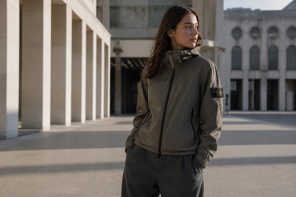 Woman wearing a Stone Island technical jacket in muted earth tones, styled with tailored trousers in an urban plaza setting with soft afternoon light casting shadows on modern architecture