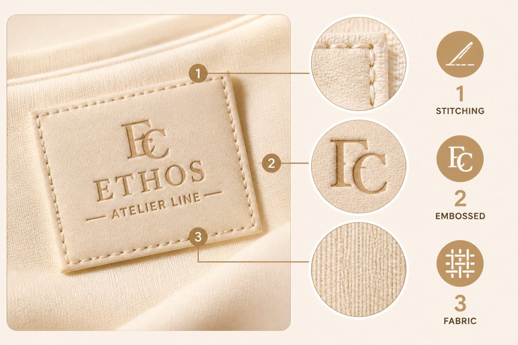 Close-up of authentic designer label stitching on high-quality fabric, showing precise thread work and embossed branding on cream-colored garment under bright studio lighting