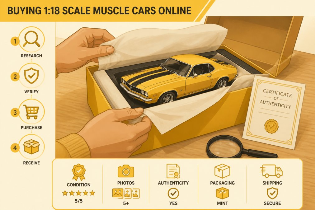 Close-up of hands carefully unboxing a detailed 1:18 scale diecast muscle car model on a wooden desk, with a certificate of authenticity and soft lighting highlighting the model's paint and chrome details