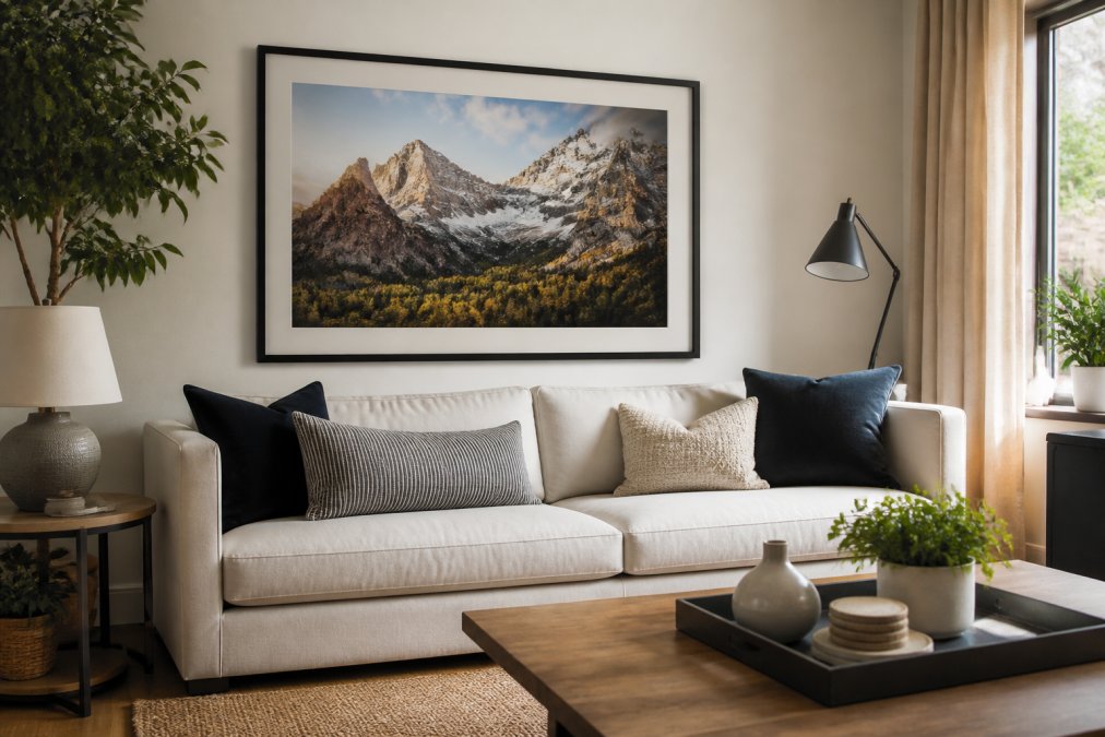 A large mountain landscape print hanging above a sofa for those who buy limited edition nature photography prints