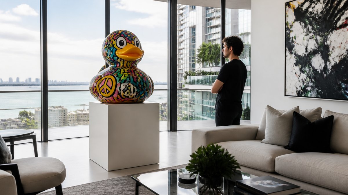Person admiring a colorful pop art limited edition sculpture displayed on a pedestal in a sunlit modern living room.
