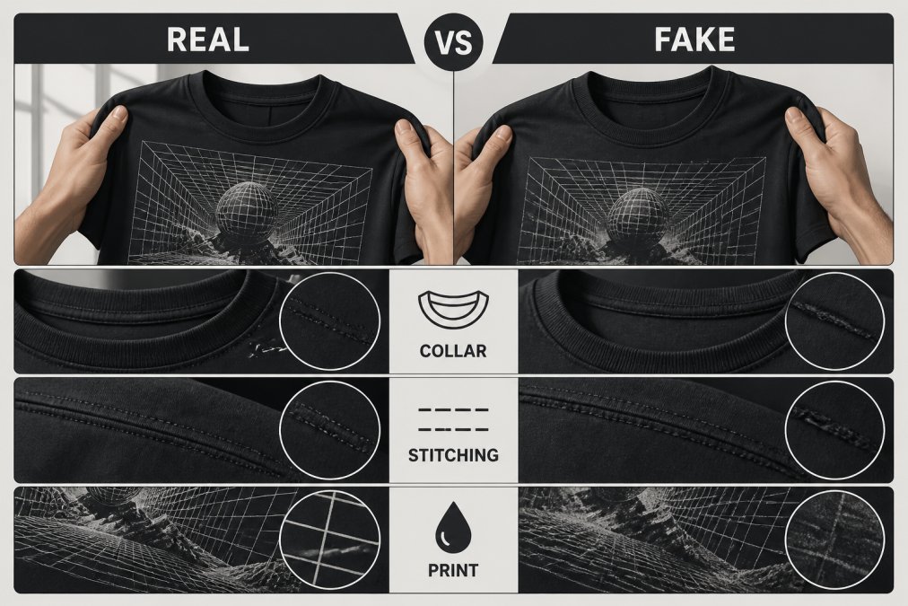 Close-up of hands holding two graphic tees side by side, comparing stitching quality, collar construction, and print sharpness under natural window light
