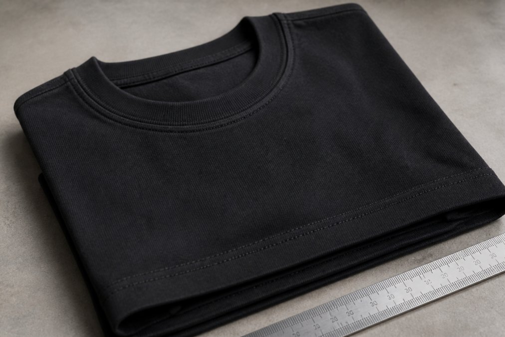 Flat-lay of a folded heavyweight streetwear tee showing detailed fabric texture, double-needle stitching on the hem, collar construction, and a measuring scale nearby on a neutral background