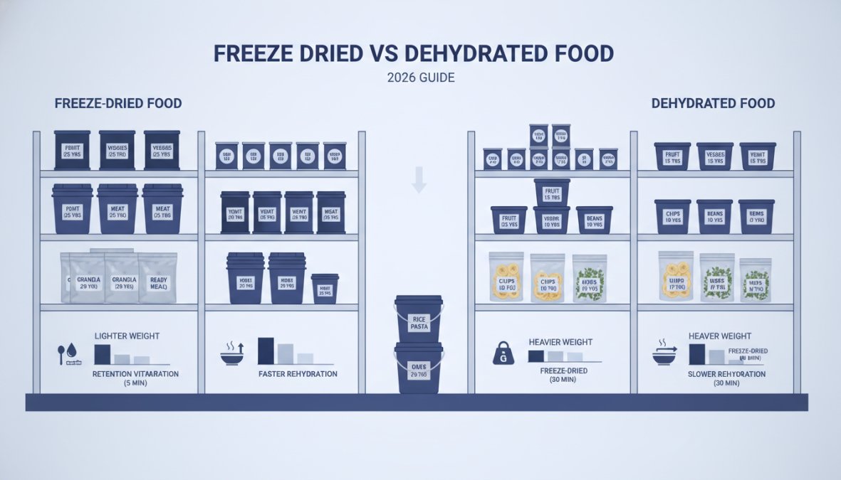 Well-organized home food storage pantry with labeled 5-gallon buckets, Mylar bags, canned goods, and freeze-dried food containers stacked neatly on shelves with clear labeling