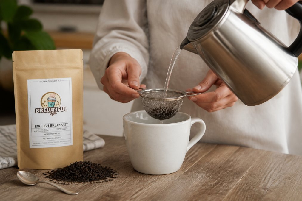 Hands holding a mesh tea infuser over a ceramic mug while hot water is poured from a kettle, steam rising gently in soft natural light