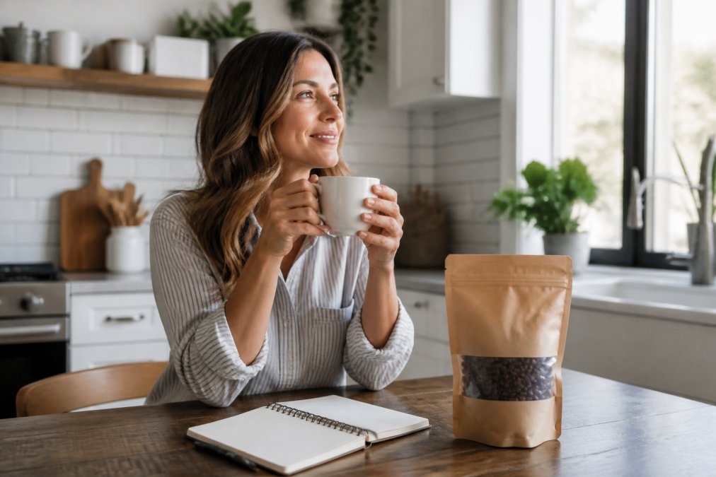 Infographic illustrating the benefits of purchasing low acid coffee online for a healthy morning routine