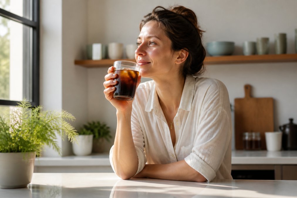 Illustration showing the benefits of woman and sitting and bright concepts for low acidity coffee