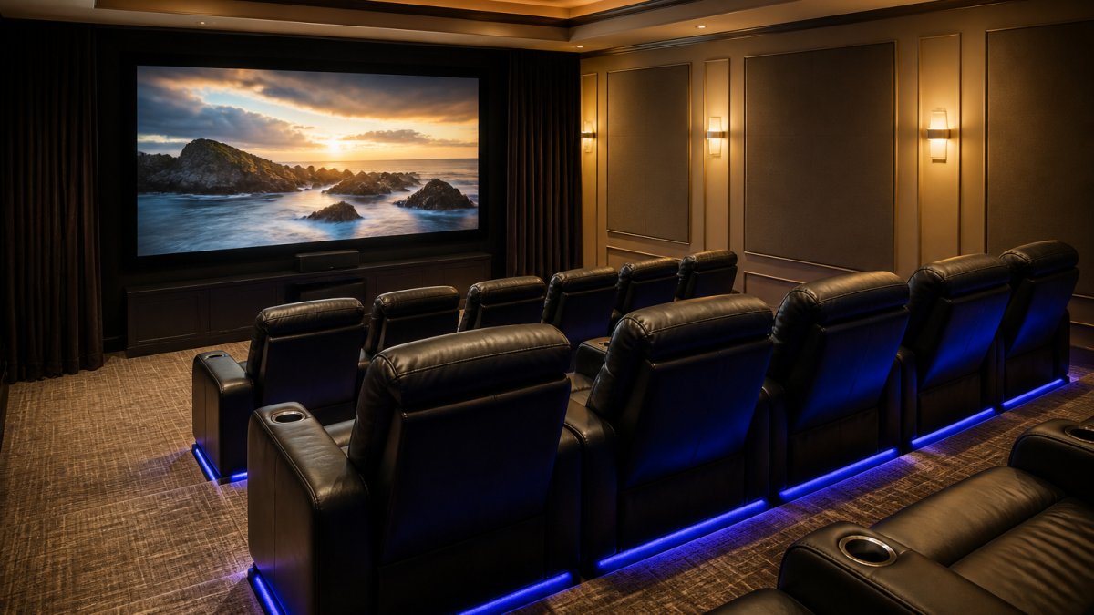 Tiered rows of premium leather reclining seats in a home theater with ambient blue lighting and a large screen.