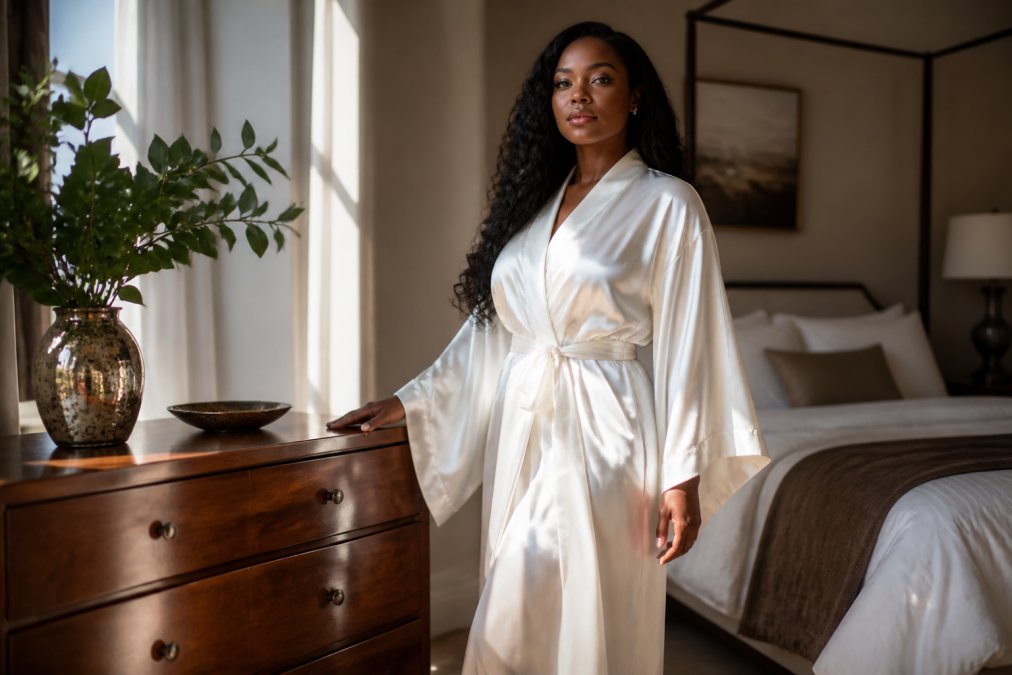 A Black woman wearing a long, lustrous ivory mulberry silk robe, standing in a sunlit bedroom, looking composed and elegant with her hand resting gently on a wooden dresser