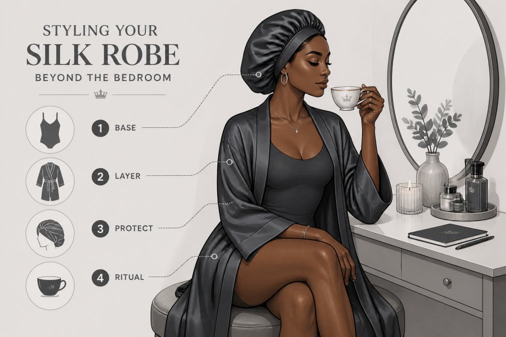 A Black woman in a deep jewel-toned silk robe styled over a fitted bodysuit, seated at a vanity table with a cup of tea, hair wrapped in a silk bonnet, conveying a morning ritual of intentional self-care