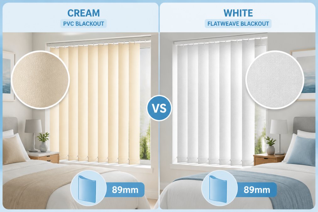 Close-up of cream and white vertical blackout blind louvres hanging in a bright, modern bedroom, showing the texture of the PVC and flatweave fabrics side by side, with natural daylight illuminating the fabric surfaces