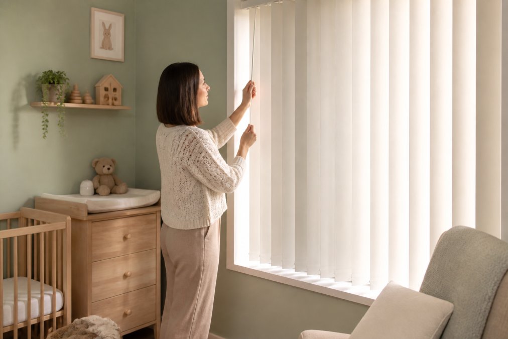 A parent adjusting a cordless wand-controlled vertical blind in a child's nursery painted in soft pastel colours, with a cot visible in the background and warm morning light coming through the window